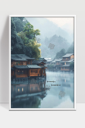 江南水乡晨雾笼罩古镇木屋静谧景色