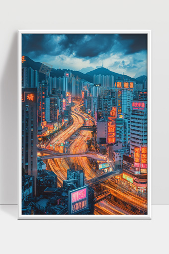 繁华都市夜景霓虹灯光与车流交织的现代城市风貌