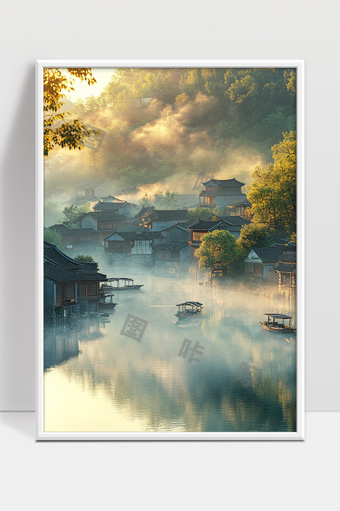 晨雾绕古镇水面渔舟点点江南水乡景色