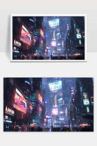未来都市夜晚雨中霓虹灯光照耀街景繁华夜生活