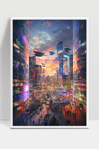 未来城市夜幕下霓虹灯光与飞行器交相辉映的繁华街道