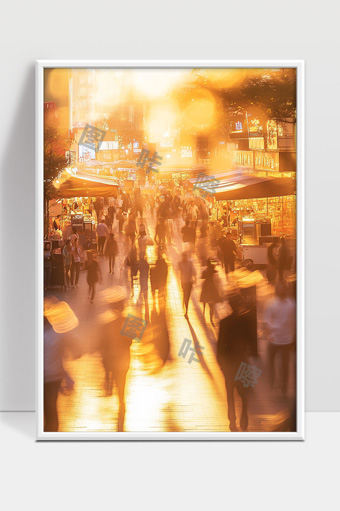 繁华街道黄昏时分人群流动的城市景象