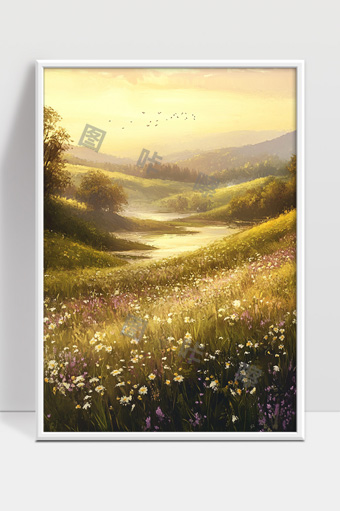 阳光洒满花海宁静田园风光美丽山谷景象