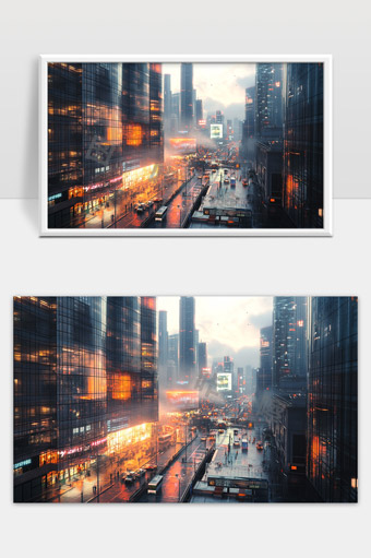 未来都市雨后黄昏繁忙街道霓虹灯光映照