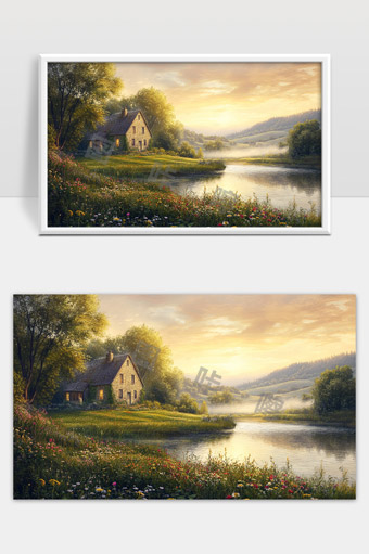 田园风光宁静湖畔乡村小屋自然美景夕阳余晖