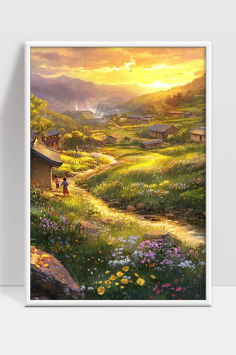 阳光洒满山间乡村花海美丽田园风光