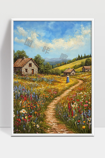 田园花海小路风光与乡村古石屋田园景色