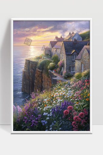 海边悬崖上的宁静小村庄与绚丽花海黄昏景色