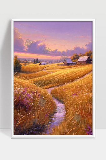 金色麦田夕阳下的田园乡村宁静美景