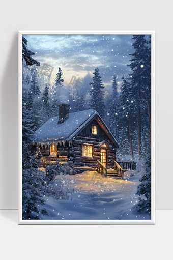 冬日雪景静谧森林木屋温馨灯光映衬夜晚美景