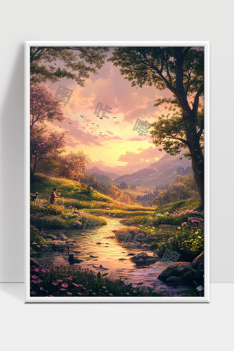 宁静田园夕阳下溪流与花海美丽自然风光