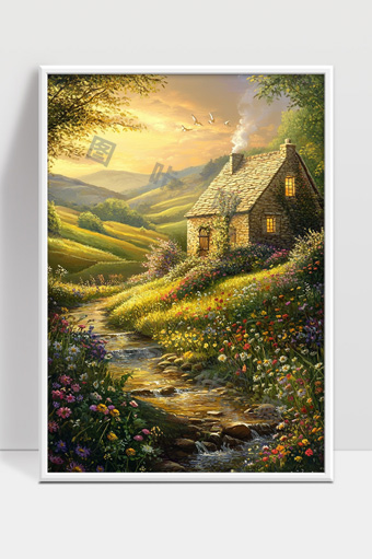 夕阳下田园小屋与花海溪流的宁静风光