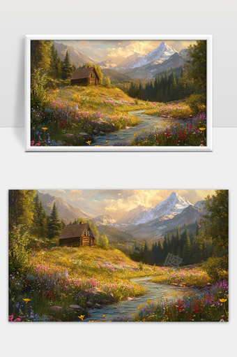 宁静山谷小木屋与花海溪流美丽自然风光