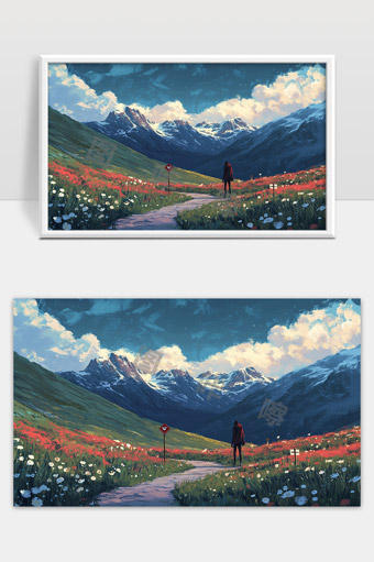 秋日雪山下花海小径孤独旅行者远望风景画