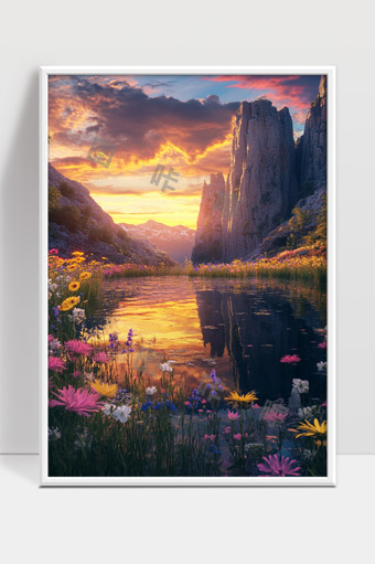 绚丽朝霞映照宁静山谷花海湖泊美景