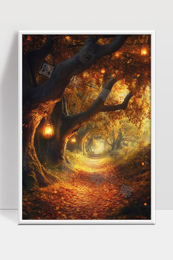 秋日林间温暖小径古树灯光唯美场景