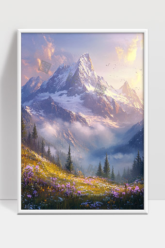 雪山下的春日花海与晨雾景色