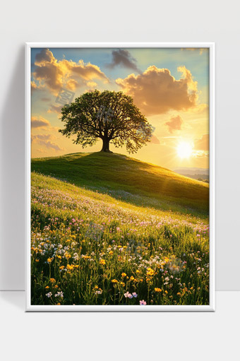 黄昏时分山丘上的大树与绚丽花海景象