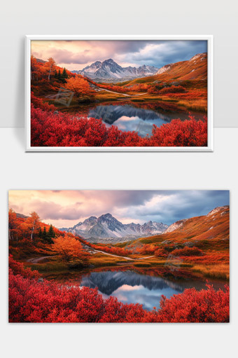 秋日山谷红叶映照湖水宁静美景