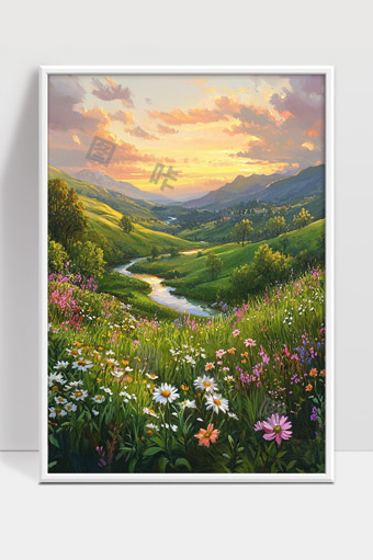 夕阳下绽放的山谷野花和缓缓流淌的小溪美景