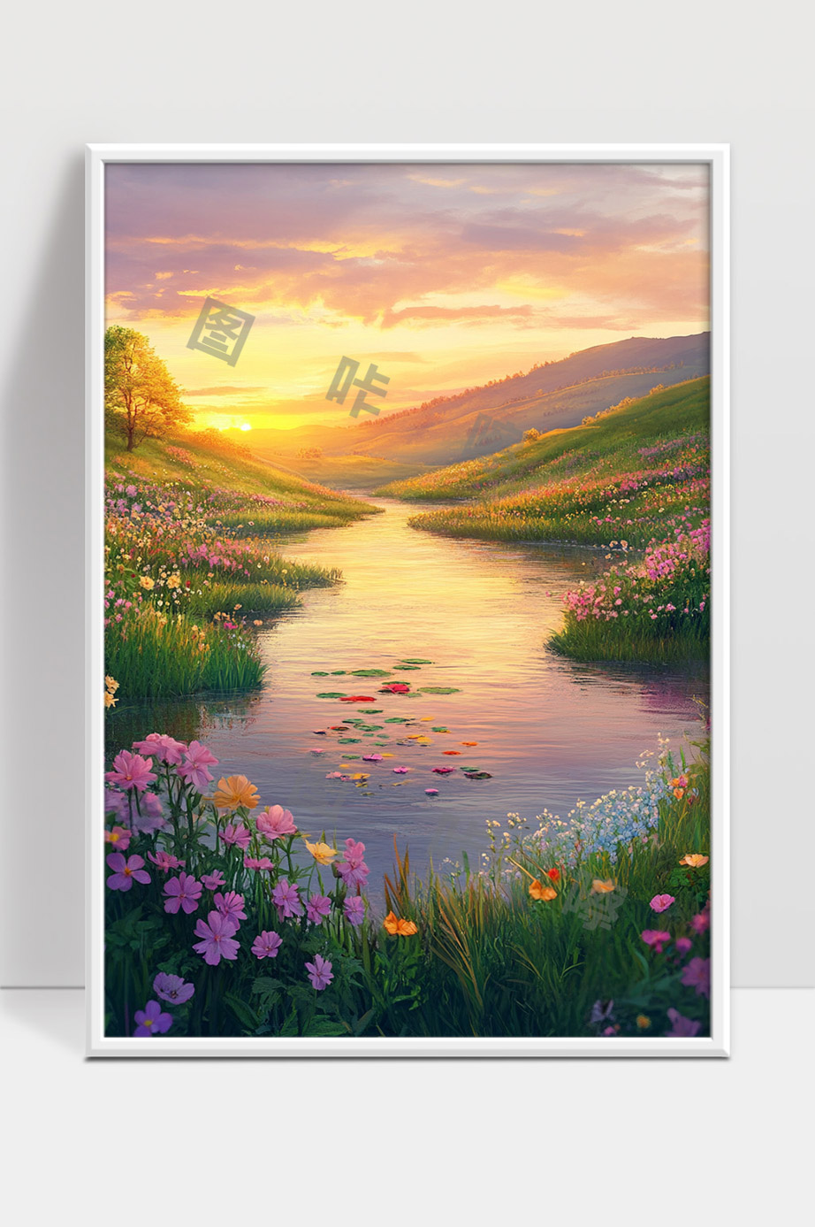 夕阳映照下的山谷花海与静谧溪流美景