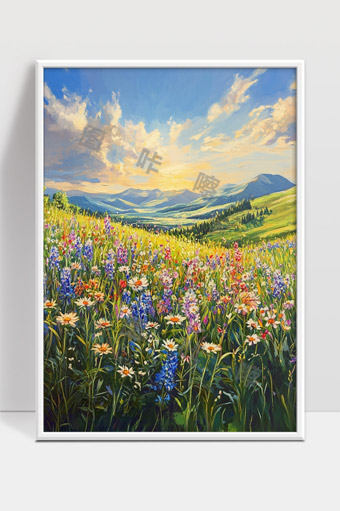 阳光洒落下的绚丽山谷花海与远山风景画