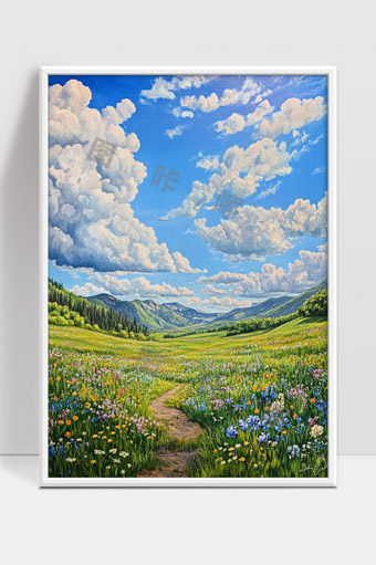 蓝天白云山谷花海中的宁静自然风光画作