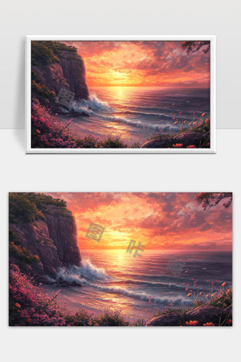 绚丽晚霞映照海岸花海与悬崖美景