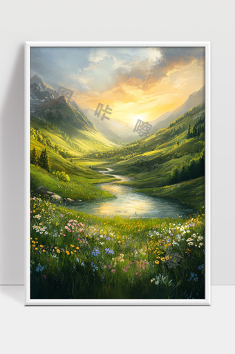 山谷清晨阳光下的宁静溪流与花海