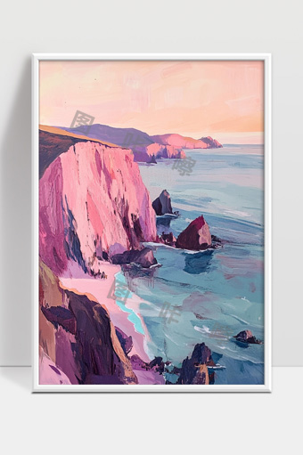 粉色晚霞映照下的壮丽海岸悬崖风光画面