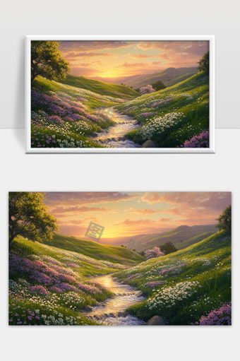 夕阳映照下的山谷花海与潺潺溪流美景