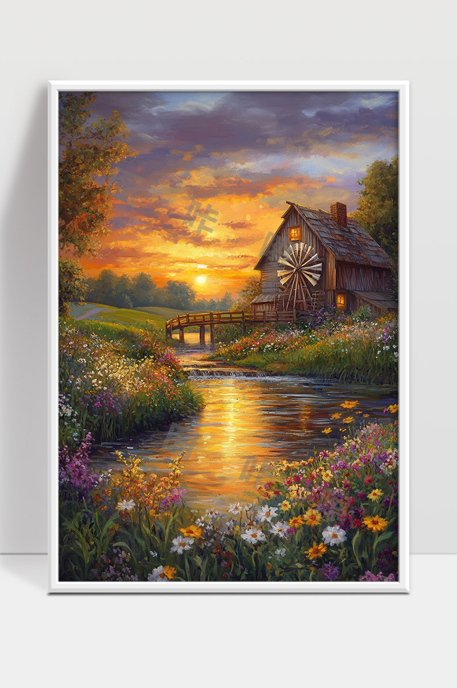 夕阳下的乡村小屋与花海溪流宁静美景