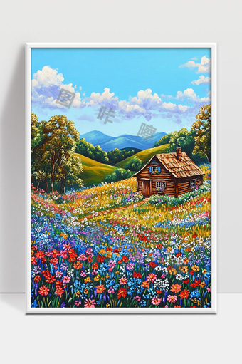 美丽山谷中绚丽花田与小木屋风光画