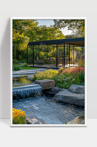 现代玻璃茶室旁宁静溪流与绚丽花园景观