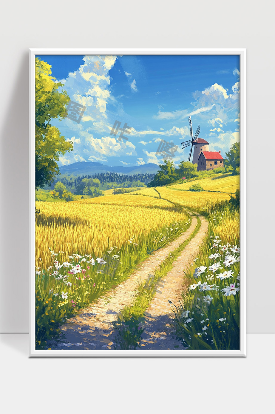 金色麦田乡村风光晴朗蓝天白云风车小路