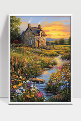 宁静夕阳下的乡间小屋与花海溪流美景