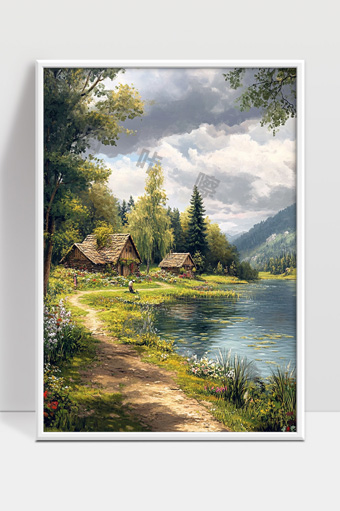 宁静湖畔乡村小屋风光美丽自然田园风景