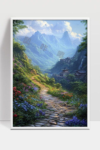 青山绿水间古道蜿蜒花海环绕世外桃源美景