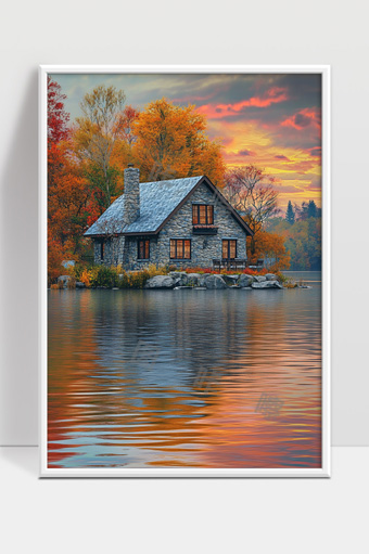 秋日湖畔石屋夕阳余晖美景宁静自然风光