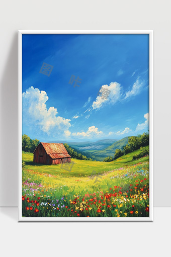 宁静山谷野花盛开的田野与蓝天白云乡村风光