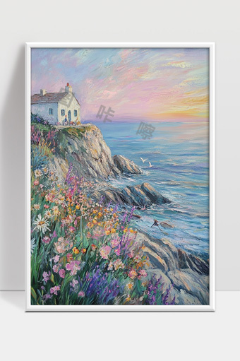海边悬崖上的小屋与绚丽花海黄昏景色