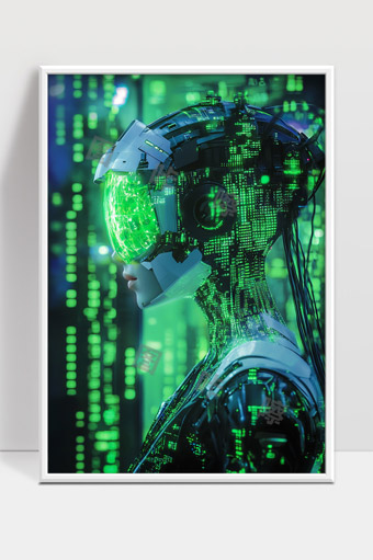 未来科技感数字矩阵中的智能机器人形象