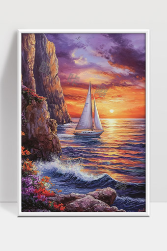 夕阳映照下的海岸帆船与峭壁美景