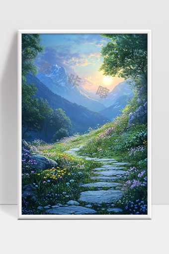 宁静山谷花海中通向远方的石板小径