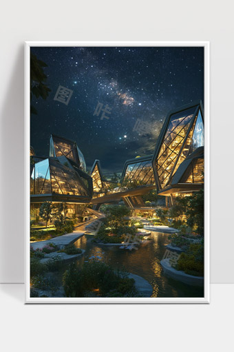 未来科技感生态建筑群夜晚星空下的梦幻景观
