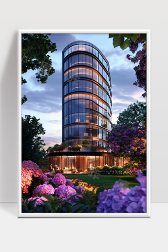 现代玻璃幕墙高层建筑周围绚丽花园景观夜景