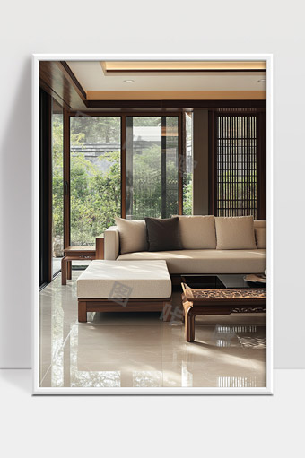 现代中式风格宽敞明亮客厅自然景观窗设计
