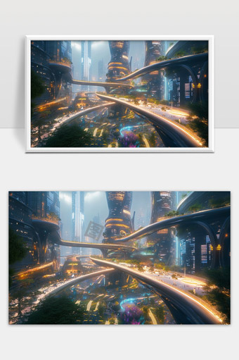 未来城市科技感繁华夜景高架交通系统与绿色生态融合