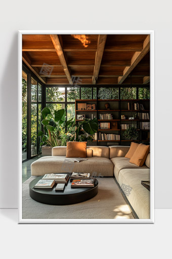 现代简约风格客厅大窗绿植书架自然采光设计