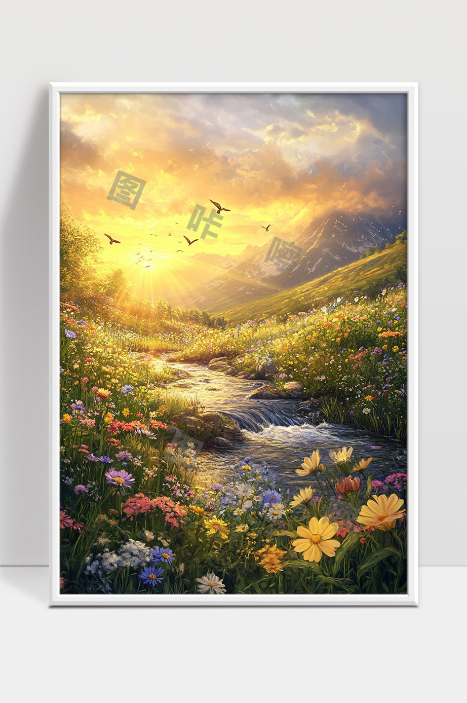 晨光洒落花海山谷溪流鸟鸣自然风光